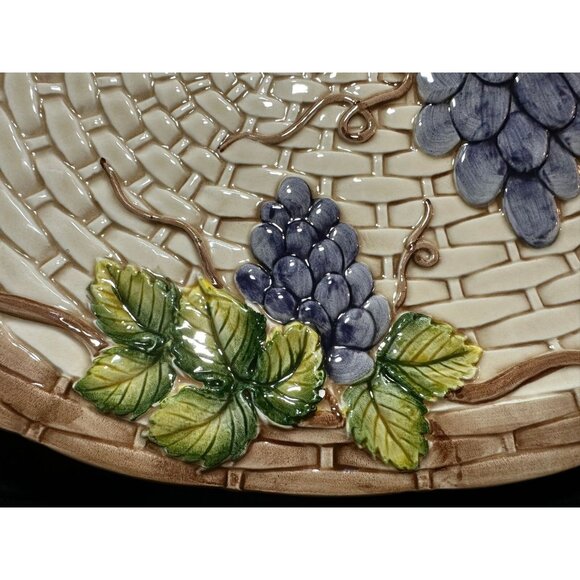 TAKAHASHI ANTIQUA Embossed Grapes Basket Weave Majolica 16" 2 Handled Platter - Picture 10 of 10